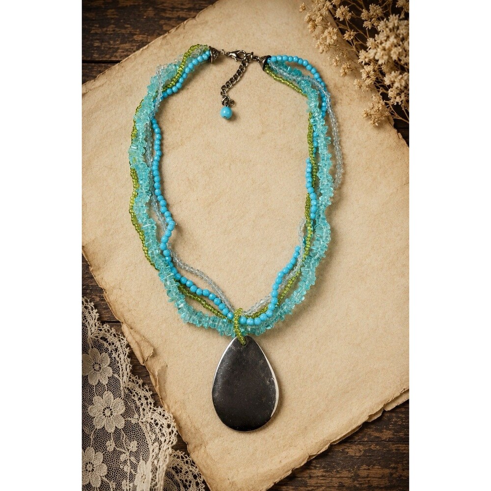 Y2K Boho Aqua Blue Green Multi Strand Beaded Teardrop Statement Necklace